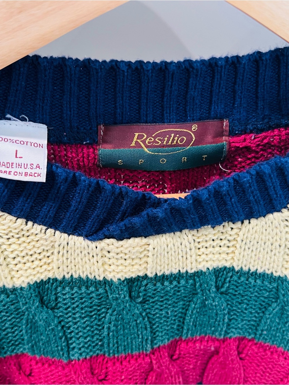 Vintage 90s Multi-Striped Colorful Classic Cable-Knit Sweater Made in USA - Picture 3 of 8